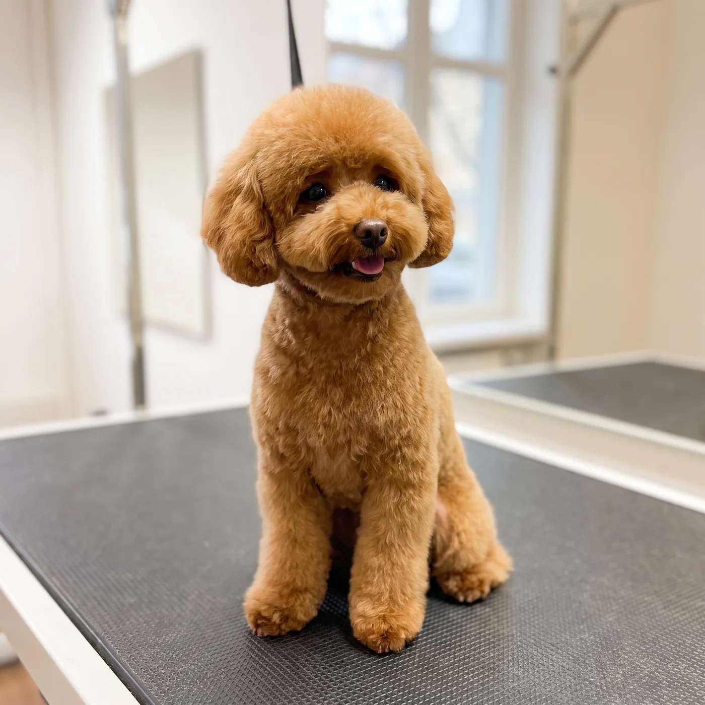 Zwergpudel mit Teddy-Schnitt auf dem Pflegetisch im GroomRoom Berlin